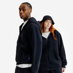 Bluza na suwak unisex Elementals. Czarne bluzy DECATHLON, uniwersalny, bez wzorów, z bawełny, z kapturem. Za 199.99 zł.