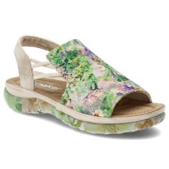 Sandały damskie Rieker, cholewka ze skóry ekologicznej z materiałowym wnętrzem i wsuwane, kolorowe, 64841-90. Zielone sandały Rieker, bez wzorów, z materiału, eleganckie, bez obcasa, bez zapięcia. Za 299.00 zł.