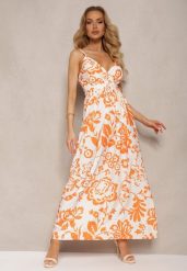 Pomarańczowa Sukienka z Gumkami na Plecach Ściągana w Talii z Regulowanymi Ramiączkami Falora. Brązowe sukienki Renee, na co dzień, na lato, m, bez wzorów, eleganckie, bez kołnierzyka, bez ramiączek, maxi. Za 69.99 zł.