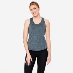 Top fitness damski Domyos My Top. Szare topy DOMYOS, l, bez wzorów, z elastanu, bez kołnierzyka, bez ramiączek. Za 19.99 zł.