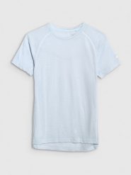 4F Koszulka trekkingowa z wełną merino damska - niebieska XL. Niebieskie bluzki 4f, s, bez wzorów, z wełny, bez kołnierzyka, bez ramiączek. Za 199.99 zł.