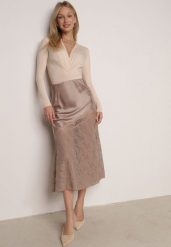 Beżowa Spódnica z Satyny z Koronką i Rozcięciem na Nogę Doritana. Brązowe spódnice Born2be, na imprezę, l, bez wzorów, z koronki, eleganckie, midi, dopasowane. Za 149.99 zł.