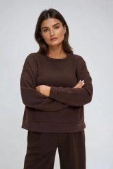 Bluza oversize brązowa. Brązowe bluzy sportowe MOODO, l, bez wzorów, z bawełny, bez kaptura. Za 89.99 zł.