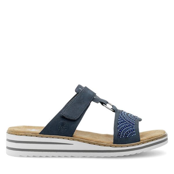 Klapki Rieker. Niebieskie klapki Rieker, bez wzorów, bez obcasa. Za 299.99 zł.