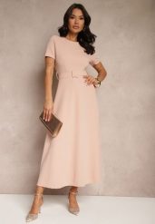 Różowa Sukienka o Rozkloszowanym Kroju z Ozdobnym Paskiem Desiliena. Czerwone sukienki Renee, na spotkanie biznesowe, m, bez wzorów, z denimu, eleganckie, bez kołnierzyka, bez ramiączek, maxi, kopertowe. Za 99.99 zł.