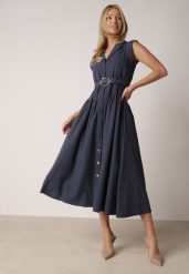 Granatowa Koszulowa Sukienka Bez Rękawów z Wiskozy i Bawełny z Paskiem Suranon. Niebieskie sukienki Born2be, na co dzień, na lato, m, bez wzorów, z bawełny, eleganckie, bez kołnierzyka, bez ramiączek, koszulowe. Za 179.99 zł.