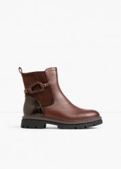 Sztyblety Marco Tozzi. Brązowe botki bonprix, bez wzorów, z materiału, bez obcasa, bez zapięcia. Za 299.99 zł.