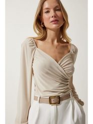 Happiness Istanbul Bluzka w kolorze kremowym rozmiar: 38. Brązowe bluzki Happiness Istanbul, bez wzorów, bez kołnierzyka, bez ramiączek. Za 60.99 zł.