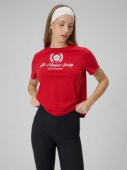 4F T-shirt boxy z nadrukiem damski - czerwony M. Czerwone t-shirty 4f, m, bez wzorów, z bawełny, bez kołnierzyka, bez ramiączek. Za 69.99 zł.