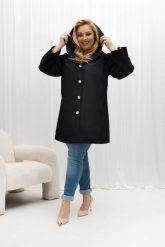 Czarny przejściowy płaszcz damski Arlene o trapezowym kroju z kapturem PLUS SIZE XXL OVERSIZE WIOSNA. Czarne płaszcze Moda Size Plus Iwanek, na jesień, l, bez wzorów, z jeansu, z kapturem. Za 389.90 zł.