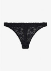 Stringi mini z miękkiego materiału. Czarne stringi bonprix, bez wzorów. Za 34.99 zł.