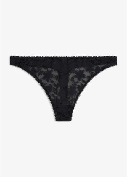 Stringi mini z miękkiego materiału. Czarne stringi bonprix, bez wzorów. Za 34.99 zł.