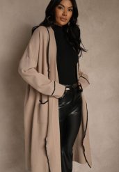 Beżowy Niezapinany Kardigan o Długim Kroju z Lamówką Venisse. Brązowe kardigany Renee, bez wzorów, z jeansu. Za 129.99 zł.