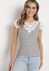 Biało-Czarny T-shirt z Bawełny z Koronką przy Dekolcie i Rękawach Alilama. Białe t-shirty Born2be, m, bez wzorów, z bawełny, bez kołnierzyka, bez ramiączek. Za 39.99 zł.