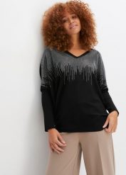 Cienki sweter z aplikacją ze sztrasów. Czarne swetry bonprix, z aplikacjami, bez ramiączek. Za 169.99 zł.