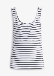 Top ciążowy z ukrytą funkcją karmienia. Niebieskie topy bonprix, bez wzorów, bez kołnierzyka, bez ramiączek. Za 37.99 zł.