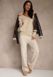 Jasnobeżowe Szerokie Spodnie z Wełną High Waist z Prążkowanego Materiału Reinna. Brązowe spodnie materiałowe Renee, na co dzień, bez wzorów, z jeansu, z podwyższonym stanem. Za 69.99 zł.