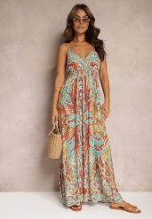 Pomarańczowo-Niebieska Rozkloszowana Sukienka z Wiskozy na Regulowanych Ramiączkach w Stylu Boho Yalfea. Brązowe sukienki Renee, na spacer, na lato, l, bez wzorów, z wiskozy, boho, bez kołnierzyka, bez ramiączek, maxi, rozkloszowane. Za 89.99 zł.