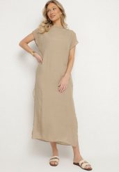 Beżowa Sukienka Pudełkowa Ozdobiona Wiązaniem Napelira. Brązowe sukienki Born2be, na co dzień, l, bez wzorów, z jeansu, eleganckie, bez kołnierzyka, bez ramiączek, maxi. Za 84.99 zł.