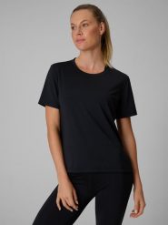 4F Koszulka treningowa loose szybkoschnąca damska - czarna XL. Czarne bluzki 4f, xl, bez wzorów, klasyczne, bez kołnierzyka, bez ramiączek. Za 79.99 zł.
