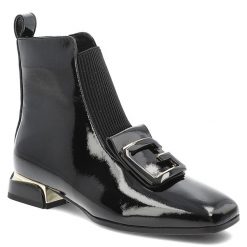 Czarne Botki S.Barski Lakierowane Buty Damskie. Czarne botki S.BARSKI, bez wzorów, z lakierowanej skóry, bez obcasa, bez zapięcia. Za 254.99 zł.