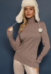 Beżowy Klasyczny Golf ze Ściągaczami przy Rękawach Felinia. Brązowe golfy Renee, m, z aplikacjami, z jeansu, bez ramiączek. Za 69.99 zł.