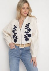 Beżowa Bawełniana Koszula Oversize z Kwiatowym Haftem Lorvesa. Brązowe koszule Born2be, l, bez wzorów, z bawełny, eleganckie, bez kołnierzyka, bez ramiączek. Za 109.99 zł.