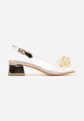 Złote Transparentne Sandały VICES na Metalicznym Obcasie z Aplikacją 3D Zarinerris. Żółte sandały Born2be, z aplikacjami, z satyny, eleganckie, bez obcasa, na obcasie, bez zapięcia. Za 109.99 zł.