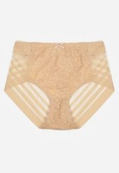 Beżowe Siateczkowe Majtki Figi High Waist z Koronkowymi Zdobieniami Heylih. Brązowe figi Renee, xl, z aplikacjami, z koronki. Za 19.99 zł.