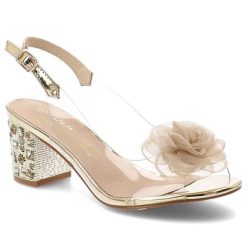 Sandały damskie S.Barski, cholewka z tworzywa ozdobny kwiat pasek z regulacją stabilny obcas, złote, MR61-9011. Żółte sandały S.BARSKI, z aplikacjami, eleganckie, bez obcasa, na obcasie, bez zapięcia. Za 199.00 zł.