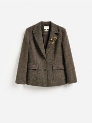 Marynarka z broszkami - ciemnobrązowy. Brązowe marynarki i żakiety Reserved, l, bez wzorów, z tkaniny. Za 359.99 zł.