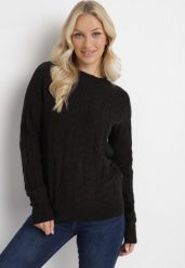 Czarny Sweter o Warkoczowym Splocie z Okrągłym Dekoltem Selinera. Czarne swetry Born2be, bez wzorów, z dzianiny, bez ramiączek. Za 89.99 zł.