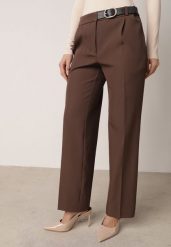 Brązowe Garniturowe Spodnie VICES na Kant z Wszytym Paskiem z Klamrą Azivore. Brązowe spodnie materiałowe Born2be, na co dzień, l, bez wzorów, z jeansu. Za 119.99 zł.