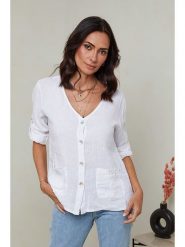 Le Monde du Lin Lniana bluzka w kolorze białym rozmiar: 38/40. Białe bluzki Le Monde du Lin, bez wzorów, ze lnu, klasyczne, bez kołnierzyka, bez ramiączek. Za 113.63 zł.