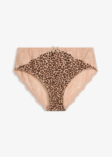 Figi maxi w panterkę. Brązowe figi bonprix, bez wzorów, z koronki. Za 49.99 zł.