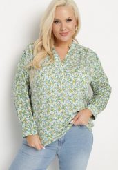 Jasnozielona Bluzka z Wiskozy w Kwiaty Edilitia. Zielone bluzki Born2be, xl, bez wzorów, z jeansu, eleganckie, bez kołnierzyka, bez ramiączek. W wyprzedaży za 38.24 zł.