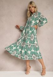 Zielono-Biała Wiskozowa Sukienka Zapinana na Guziki z Regulowanymi Rękawami Biatalia. Zielone sukienki Renee, na co dzień, l, bez wzorów, z jeansu, eleganckie, bez kołnierzyka, bez ramiączek, midi. Za 69.99 zł.