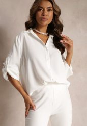 Biała Koszula z Kołnierzem i Długimi Rękawami na Guzik Henvia. Białe koszule Renee, plus size, bez wzorów, bez kołnierzyka, plus size, bez ramiączek. Za 59.99 zł.