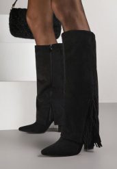 Czarne Kozaki na Słupku z Wywiniętą Cholewką z Frędzlami Linadela. Czarne kozaki Born2be, z jeansu, bez obcasa, na obcasie, bez zapięcia. Za 179.99 zł.
