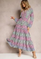 Różowa Sukienka z Dekoltem w V o Rozkloszowanym Fasonie w Print Paisley Akka. Czerwone sukienki Renee, na co dzień, l, bez wzorów, z zamszu, eleganckie, bez kołnierzyka, bez ramiączek, maxi, rozkloszowane. Za 64.99 zł.