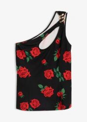 Top na jedno ramię z biżuteryjną ozdobą. Czarne topy bonprix, z aplikacjami, bez kołnierzyka, bez ramiączek. Za 24.99 zł.