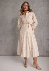 Beżowa Ażurowa Sukienka z Bawełny Ozdobiona Paskiem Novenelle. Brązowe sukienki Renee, na spotkanie biznesowe, na wiosnę, m, w ażurowe wzory, z bawełny, bez kołnierzyka, bez ramiączek, maxi. Za 149.99 zł.