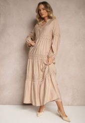 Ciemnobeżowa Wiskozowa Sukienka o Rozkloszowanym Kroju z Koronką Gonalorin. Brązowe sukienki Renee, na co dzień, l, z aplikacjami, z koronki, eleganckie, bez kołnierzyka, bez ramiączek, maxi, rozkloszowane. Za 139.99 zł.