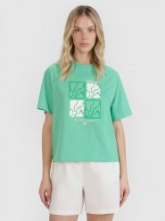 4F T-shirt oversize z nadrukiem damski - zielony XL. Zielone koszulki sportowe 4f, bez wzorów, z bawełny, bez ramiączek. W wyprzedaży za 39.99 zł.