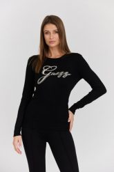 GUESS Czarny damski sweter Olive z haftowanym logo, Rozmiar S. Czarne swetry Guess, s, z aplikacjami, z materiału, bez ramiączek. W wyprzedaży za 189.99 zł.