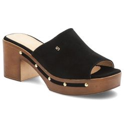 Klapki damskie Simen, na klocku skórzane z ozdobami eleganckie, czarne, 6844A-K-W. Czarne klapki Simen, bez wzorów, z jeansu, bez obcasa, na obcasie. Za 339.00 zł.