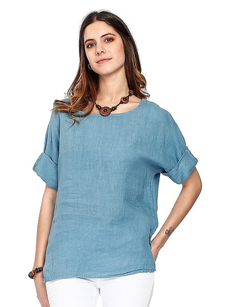 Le Jardin du Lin Lniana koszulka w kolorze błękitnym rozmiar: 38. Niebieskie bluzki Le jardin du lin, bez wzorów, ze lnu, klasyczne, bez kołnierzyka, bez ramiączek. Za 101.23 zł.
