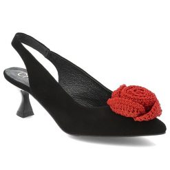 Czarne Sandały Chebello Eleganckie Obuwie Damskie Róża. Czarne sandały CheBello, z aplikacjami, z koronki, eleganckie, bez obcasa, na obcasie, bez zapięcia. Za 431.99 zł.