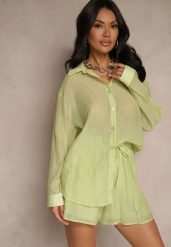 Zielony Komplet z Tkaniny z Cyrkoniami Koszula i Szorty Jeniviela. Zielone koszule Renee, l, bez wzorów, z tkaniny, eleganckie, bez kołnierzyka, bez ramiączek. Za 129.99 zł.