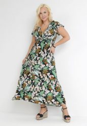 Czarno-Zielona Sukienka w Kwiaty z Falbankami i Gumką w Pasie Galbasi. Zielone sukienki Born2be, l, bez wzorów, bez kołnierzyka, bez ramiączek, maxi. Za 29.99 zł.